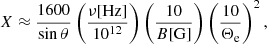 $$ \begin{aligned} X\approx \frac{1600}{\sin {\theta }}\left(\frac{\nu [\mathrm{Hz} ]}{10^{12}}\right)\left(\frac{10}{B [\mathrm{G} ]}\right)\left(\frac{10}{\Theta _\mathrm{e} }\right)^2, \end{aligned} $$