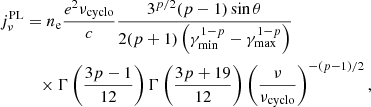 $$ \begin{aligned} j_\nu ^\mathrm{PL}&=n_\mathrm{e} \frac{e^2\nu _\mathrm{cyclo} }{c}\frac{3^{p/2}(p-1)\sin {\theta }}{2(p+1)\left(\gamma _\mathrm{min} ^{1-p}-\gamma _\mathrm{max} ^{1-p}\right)}\nonumber \\&\quad \times \Gamma \left(\frac{3p-1}{12}\right)\Gamma \left(\frac{3p+19}{12}\right)\left(\frac{\nu }{\nu _\mathrm{cyclo} }\right)^{-(p-1)/2}, \end{aligned} $$