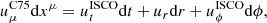 $$ \begin{aligned} u_\mu ^\mathrm{C75} \mathrm{d} x^\mu =u_t^\mathrm{ISCO} \mathrm{d} t+u_r\mathrm{d} r+u_\phi ^\mathrm{ISCO} \mathrm{d}\phi , \end{aligned} $$