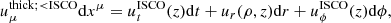$$ \begin{aligned} u^\mathrm{thick; < ISCO} _\mu \mathrm{d} x^\mu =u_t^\mathrm{ISCO} (z)\mathrm{d} t+u_r(\rho ,z)\mathrm{d} r+u_\phi ^\mathrm{ISCO} (z)\mathrm{d}\phi , \end{aligned} $$