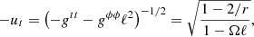 $$ \begin{aligned} -u_t=\left(-g^{tt}-g^{\phi \phi }\ell ^2\right)^{-1/2} =\sqrt{\frac{1-2/r}{1-\Omega \ell }}, \end{aligned} $$