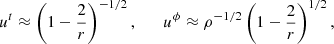 $$ \begin{aligned} u^t\approx \left(1-\frac{2}{r}\right)^{-1/2},\qquad u^\phi \approx \rho ^{-1/2}\left(1-\frac{2}{r}\right)^{1/2}, \end{aligned} $$