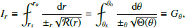 $$ \begin{aligned} I_r\equiv \fint_{r_s}^{r_o}\frac{\mathrm{d} r}{\pm _r\sqrt{\mathcal{R} (r)}} =\fint_{\theta _s}^{\theta _o}\frac{\mathrm{d}\theta }{\pm _\theta \sqrt{\Theta (\theta )}} \equiv G_\theta , \end{aligned} $$