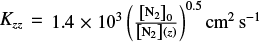 ${K_{zz}} = 1.4 \times {10^3}{\left( {{{{{\left[ {{{\rm{N}}_2}} \right]}_0}} \over {\left[ {{{\rm{N}}_2}} \right]\left( z \right)}}} \right)^{0.5}}{\rm{c}}{{\rm{m}}^2}{\rm{ }}{{\rm{s}}^{ - 1}}$