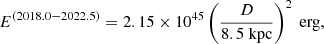 $$ \begin{aligned} E^{(2018.0-2022.5)} = 2.15 \times 10^{45} \left( \frac{D}{8.5 \ \mathrm{kpc}} \right)^2 \ \mathrm{erg} ,\end{aligned} $$