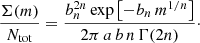 $$ \begin{aligned} \frac{\Sigma (m)}{N_{\rm tot}} = \frac{b_n^{2n} \, \mathrm{exp} \left[-b_n \, m^{1/n} \right]}{2\pi \, a\,b\,n\,\Gamma {(2n)}}\cdot \end{aligned} $$