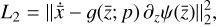${L_2} = \left\| {\dot \bar x - g\left( {\bar z;p} \right){\partial _z}\psi \left( {\bar z} \right)} \right\|_2^2,$