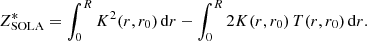 $$ \begin{aligned} Z^*_{\rm SOLA}=\int _0^RK^2(r,r_0)\,\mathrm{d}r-\int _0^R2K(r,r_0)\,T(r,r_0)\,\mathrm{d}r. \end{aligned} $$