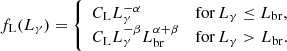 $$ \begin{aligned} f_{\rm L}(L_\gamma ) = {\left\{ \begin{array}{ll} C_{\rm L} L_\gamma ^{-\alpha }&\mathrm{for}\, L_\gamma \le L_\mathrm{br} , \\ C_{\rm L} L_\gamma ^{-\beta } L_\mathrm{br} ^{\alpha + \beta }&\mathrm{for}\, L_\gamma > L_\mathrm{br} . \end{array}\right.} \end{aligned} $$