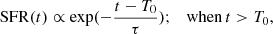 $$ \begin{aligned} \mathrm{SFR} (t) \propto \exp (- \frac{t-T_0}{\tau });\quad \mathrm{when}\, t>T_0, \end{aligned} $$