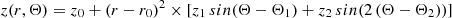 $$ \begin{aligned} z(r,\Theta ) = z_{0}+(r-r_{0})^{2}\times [z_{1}\,sin(\Theta -\Theta _{1})+z_{2}\,sin(2\,(\Theta -\Theta _{2}))] \end{aligned} $$