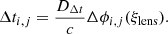 $$ \begin{aligned} \Delta t_{i,j} = \frac{D_{{\Delta t}}}{c}\Delta \phi _{i,j}(\mathbf \xi _{\rm lens}). \end{aligned} $$