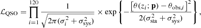 $$ \begin{aligned} \mathcal{L} _{\rm QSO}=\prod _{i=1}^{120}\frac{1}{\sqrt{2\pi (\sigma _{i}^2+\sigma _{\rm sys}^2)}} \times \exp \left\{ -\frac{\left[\theta (z_{i};\mathbf p )- \theta _{\mathrm{obs},i}\right]^{2}}{2(\sigma _{\mathrm{sta}}^{2}+\sigma _{\rm sys}^2)}\right\} , \end{aligned} $$