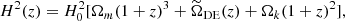 $$ \begin{aligned} H^2(z)=H_0^2[\Omega _m(1+z)^3+{\widetilde{\Omega }_{\rm DE}}(z) +\Omega _k(1+z)^2], \end{aligned} $$