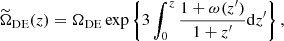 $$ \begin{aligned} \widetilde{\Omega }_{\rm DE}(z)=\Omega _{\rm DE}\exp \left\{ 3\int ^z_0\frac{1+\omega (z^{\prime })}{1+z^{\prime }}\mathrm{d}z^{\prime }\right\} , \end{aligned} $$
