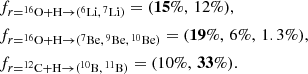 $$ \begin{aligned}&f_{r=^{16}\mathrm{O} +\mathrm{H} \rightarrow (^{6}\mathrm{Li} ,\,^{7}\mathrm{Li)} } = (\mathbf{15\%},\,12\%),\nonumber \\&f_{r=^{16}\mathrm{O} +\mathrm{H} \rightarrow (^{7}\mathrm{Be} ,\,^{9}\mathrm{Be} ,\,^{10}\mathrm{Be)} } = (\mathbf{19\%},\,6\%,\,1.3\%), \\&f_{r=^{12}\mathrm{C} +\mathrm{H} \rightarrow (^{10}\mathrm{B} ,\,^{11}\mathrm{B)} } = (10\%,\,\mathbf{33\%}).\nonumber \end{aligned} $$
