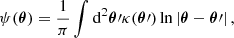 $$ \begin{aligned} \psi (\boldsymbol{\theta }) = \frac{1}{\pi } \int \mathrm{d}^2 {\boldsymbol{\theta }}\prime \kappa ({\boldsymbol{\theta }}\prime )\ln \left| {\boldsymbol{\theta }} - {\boldsymbol{\theta }}\prime \right| , \end{aligned} $$