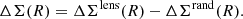 $$ \begin{aligned} \Delta \Sigma (R)=\Delta \Sigma ^\mathrm{lens}(R)-\Delta \Sigma ^\mathrm{rand}(R). \end{aligned} $$