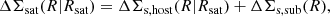 $$ \begin{aligned} \Delta \Sigma _{\rm sat}(R|R_{\rm sat})=\Delta \Sigma _{\rm s,host}(R|R_{\rm sat})+\Delta \Sigma _{\rm s,sub}(R), \end{aligned} $$