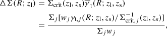$$ \begin{aligned} \Delta \Sigma (R; z_{\rm l})&= \Sigma _{\rm crit}(z_{\rm l},z_{\rm s})\overline{\gamma }_{\rm t} (R; z_{\rm l},z_{\rm s})\nonumber \\&= \frac{\Sigma _j[{ w}_j\gamma _{\mathrm{t},j}(R; z_{\rm l},z_{\rm s})/\Sigma ^{-1}_{\mathrm{crit,}j}(z_{\rm l},z_{\rm s})]}{\Sigma _j { w}_j}, \end{aligned} $$
