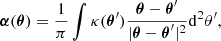 $$ \begin{aligned} \boldsymbol{\alpha }(\boldsymbol{\theta }) =\frac{1}{\pi }\int \kappa (\boldsymbol{\theta }^{\prime })\frac{\boldsymbol{\theta }-\boldsymbol{\theta }^{\prime }}{|\boldsymbol{\theta }-\boldsymbol{\theta }^{\prime }|^2}\mathrm{d}^2\theta ^{\prime } , \end{aligned} $$