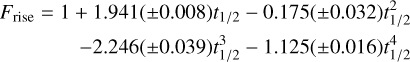 $\matrix{{{F_{{\rm{rise}}}}} \hfill &amp; = \hfill &amp; {1 + 1.941\left( { \pm 0.008} \right){t_{{1 \mathord{\left/{\vphantom {1 2}} \right.\kern-\nulldelimiterspace} 2}}} - 0.175\left( { \pm 0.032} \right)t_{{1 \mathord{\left/{\vphantom {1 2}} \right.\kern-\nulldelimiterspace} 2}}^2} \hfill \cr {} \hfill &amp; {} \hfill &amp; {\,\,\, - 2.246\left( { \pm 0.039} \right)t_{{1 \mathord{\left/{\vphantom {1 2}} \right.\kern-\nulldelimiterspace} 2}}^3 - 1.125\left( { \pm 0.016} \right)t_{{1 \mathord{\left/{\vphantom {1 2}} \right.\kern-\nulldelimiterspace} 2}}^4} \hfill \cr }$