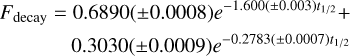 $\matrix{{{F_{{\rm{decay}}}}} \hfill &amp; = \hfill &amp; {0.6890\left( { \pm 0.0008} \right){e^{ - 1.600\left( { \pm 0.003} \right){t_{{1 \mathord{\left/{\vphantom {1 2}} \right.\kern-\nulldelimiterspace} 2}}}}} + } \hfill \cr {} \hfill &amp; {} \hfill &amp; {0.3030\left( { \pm 0.0009} \right){e^{ - 0.2783\left( { \pm 0.0007} \right){t_{{1 \mathord{\left/{\vphantom {1 2}} \right.\kern-\nulldelimiterspace} 2}}}}}} \hfill \cr }$