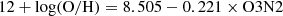 $$ \begin{aligned} 12+\mathrm{log(O/H)}=8.505-0.221\times \mathrm{O3N2} \end{aligned} $$