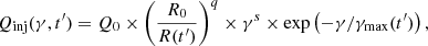 $$ \begin{aligned} Q_{\rm inj}(\gamma , t^{\prime }) = Q_0 \times \left( \frac{R_0}{R(t^{\prime })} \right)^q \times \gamma ^s \times \exp \left(-\gamma / \gamma _{\rm max}(t^{\prime })\right), \end{aligned} $$