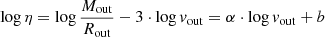 $$ \begin{aligned} \log \eta = \log \frac{{M}_{\rm out}}{R_{\rm out}}- 3\cdot \log {v}_{\rm out}= \alpha \cdot \log {v}_{\rm out} +b \end{aligned} $$