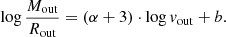 $$ \begin{aligned} \log \frac{{M}_{\rm out}}{R_{\rm out}}= (\alpha +3) \cdot \log {v}_{\rm out} +b. \end{aligned} $$