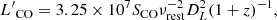 $$ \begin{aligned} {L^{\prime }}_{\rm CO}= 3.25\times 10^7 S_{\rm CO} \nu _{\rm rest}^{-2} D_L^2 (1+z)^{-1}, \end{aligned} $$