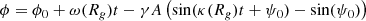 $$ \begin{aligned} \phi&=\phi _0+\omega (R_g) t-\gamma A\left(\sin (\kappa (R_g) t+\psi _0)-\sin (\psi _0)\right) \end{aligned} $$