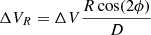 $$ \begin{aligned} \Delta V_R&=\Delta V\frac{R\cos (2\phi )}{D} \end{aligned} $$