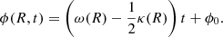 $$ \begin{aligned} \phi (R,t)=\left(\omega (R)-\frac{1}{2}\kappa (R)\right)t+\phi _0. \end{aligned} $$