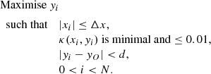 $$ \begin{aligned}&\text{ Maximise } y_i \\&\begin{array}{cl} \text{ such} \text{ that}&| x_i | \le \Delta x, \\&\kappa (x_i,y_i) \text{ is} \text{ minimal} \text{ and} \le 0.01, \\&|y_i - y_O| < d, \\&0 < i < N. \end{array} \end{aligned} $$
