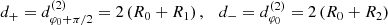 $$ \begin{aligned} d_+=d_{\varphi _0+\pi /2}^{(2)}=2\left(R_0+R_1\right),\quad d_-=d_{\varphi _0}^{(2)}=2\left(R_0+R_2\right) \end{aligned} $$