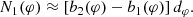 $$ \begin{aligned} N_1(\varphi )\approx \left[b_2(\varphi )-b_1(\varphi )\right]d_\varphi . \end{aligned} $$