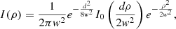 $$ \begin{aligned} I(\rho )=\frac{1}{2\pi w^2}e^{-\frac{d^2}{8w^2}}I_0\left(\frac{d\rho }{2w^2}\right)e^{-\frac{\rho ^2}{2w^2}}, \end{aligned} $$