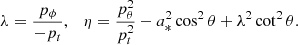 $$ \begin{aligned} \lambda =\frac{p_\phi }{-p_t},\quad \eta =\frac{p_\theta ^2}{p_t^2}-a_*^2\cos ^2{\theta }+\lambda ^2\cot ^2{\theta }. \end{aligned} $$