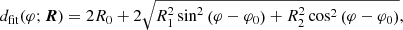 $$ \begin{aligned} d_{\rm fit}(\varphi ;\boldsymbol{R})=2R_0+2\sqrt{R_1^2\sin ^2\left(\varphi -\varphi _0\right)+R_2^2\cos ^2\left(\varphi -\varphi _0\right)}, \end{aligned} $$