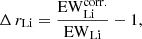 $$ \begin{aligned} \Delta \,r_{\mathrm{Li} } = \frac{\mathrm{EW}^{\mathrm{corr.} }_{\mathrm{Li} }}{\mathrm{EW}_{\mathrm{Li} }}-1, \end{aligned} $$