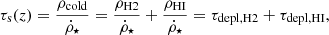 $$ \begin{aligned} \tau _{\rm s} (z) = \frac{\rho _{\rm cold}}{\dot{\rho }_{\star }} = \frac{\rho _{\rm H2}}{\dot{\rho }_{\star }} + \frac{\rho _{\rm HI}}{\dot{\rho }_{\star }} = \tau _{\rm depl,H2} + \tau _{\rm depl,HI}, \end{aligned} $$