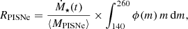 $$ \begin{aligned} R_{\rm PISNe} = \frac{\dot{M}_{\star }(t)}{\langle M_{\rm PISNe}\rangle } \times \int _{140}^{260} \phi (m)\, m\, \mathrm{d}m, \end{aligned} $$