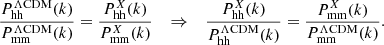 $$ \begin{aligned} \frac{P^{\Lambda \mathrm{{CDM}}}_{\rm hh}(k)}{P^{\Lambda \mathrm{{CDM}}}_{\rm mm}(k)} = \frac{P^{X}_{\rm hh}(k)}{P^{X}_{\rm mm}(k)} \quad \Rightarrow \quad \frac{P^{X}_{\rm hh}(k)}{P^{\Lambda \mathrm{{CDM}}}_{\rm hh}(k)} =\frac{P^{X}_{\rm mm}(k)}{P^{\Lambda \mathrm{{CDM}}}_{\rm mm}(k)}. \end{aligned} $$