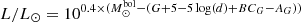 $ L/L_{\odot}=10^{0.4\times(M_{\odot}^{\mathrm{bol}}-(G+5-5\log(d)+BC_G-A_G))} $
