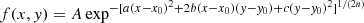$$ \begin{aligned} f(x, y) = A\exp ^{- [a(x-x_{0})^{2}+2b(x-x_{0})(y-y_{0})+c(y-y_{0})^{2}]^{1/(2n)} } \end{aligned} $$