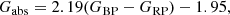$$ \begin{aligned} G_{\rm abs} = 2.19 (G_{\rm BP} - G_{\rm RP}) - 1.95 , \end{aligned} $$