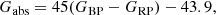 $$ \begin{aligned} G_{\rm abs} = 45 (G_{\rm BP} - G_{\rm RP}) - 43.9 , \end{aligned} $$
