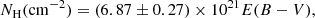 $$ \begin{aligned} N_{\rm H}(\mathrm{cm}^{-2})=(6.87\pm 0.27) \times 10^{21}E(B-V), \end{aligned} $$